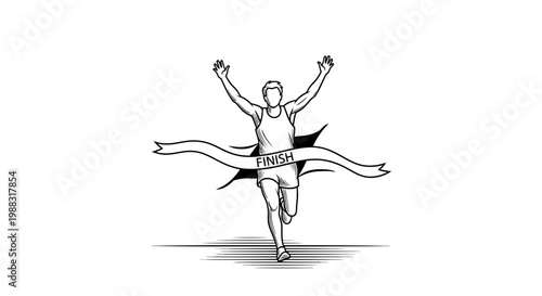 Runner Crossing Finish Line Reaching Victory With Arms Up, Monochrome Illustration