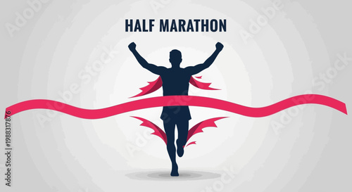 Runner Crossing Finish Line Silhouette Icon, Half Marathon Race Illustration, Vector Design