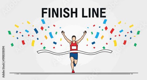 Runner Crossing Finish Line, Triumphantly Celebrating Victory With Colorful Confetti