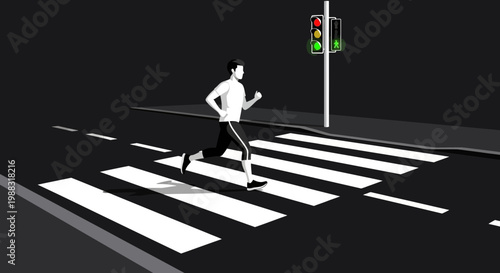 Runner Crossing Road At Crosswalk During The Day With Working Green Light Displayed