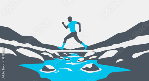 Runner Crossing Stream In Abstract Landscape Conceptualizing Overcoming Challenges