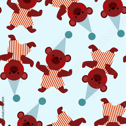 Cute circus playful bear seamless pattern on blue background