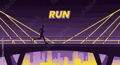 Runner Crossing Suspension Bridge at Night Under Illuminated Lights with Urban Silhouette
