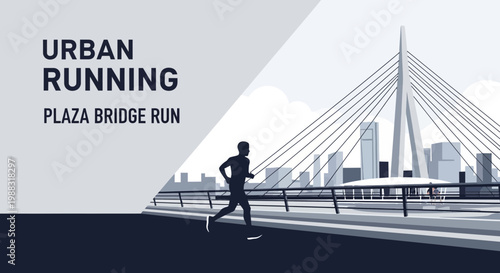 Runner Crossing Suspension Bridge at Sunrise, Urban Marathon Preparation for New Season