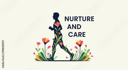 Runner Embodying Vitality Surrounded by Blooming Flora Illustration, Nurture and Care Theme