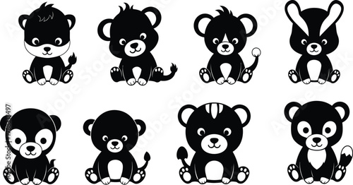 Cute black and white baby animal mascot collection, kawaii cartoon cub characters set, isolated vector illustration for nursery sticker design