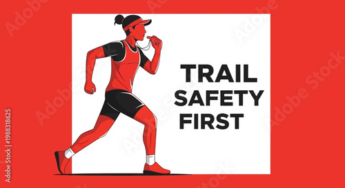 Runner Emphasizing Trail Safety Information with Whistle and Bold Typography