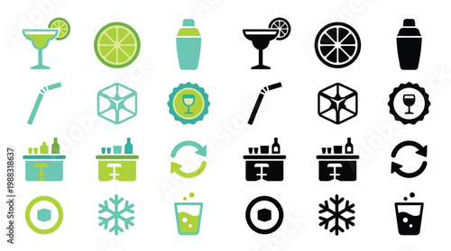 Collection of colorful and monochrome icons representing bar and drink-related elements, including cocktails, shakers, ice, and bar tools.