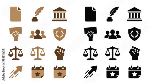 Collection of justice and legal system icons in two color schemes, representing law, government, and civic engagement.