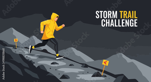 Runner Endurance During Storm Trail Challenge Across Mountain Terrain For Race