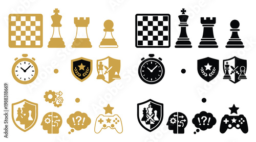 Collection of chess and gaming icons in gold and black, representing strategy, time, and competition.