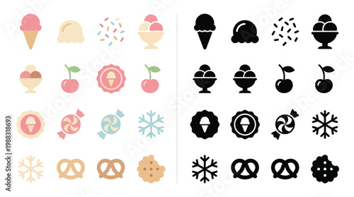 A collection of colorful and black and white icons representing various sweet treats and winter symbols, including ice cream, cherries, candies, snowflakes, and pretzels.