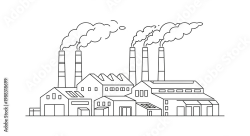 Industrial factory with smoke stacks emitting pollution.