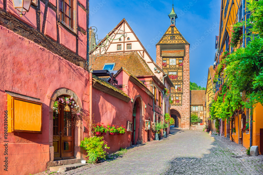 Fototapeta premium Riquewihr is a medieval Alsace, France village with vineyards, history, and charm.