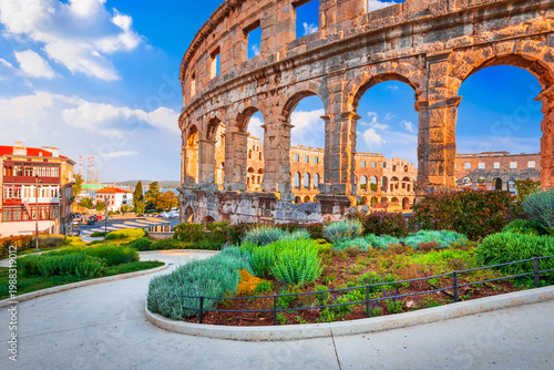 Pula, Croatia. Famous ancient Arena from Roman Empire times, historical Dalmatia.