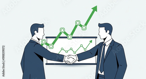 Two businessmen shaking hands in front of a growing financial graph.