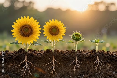 Sunflowers near the sunset show growth stages in a rural field in summer months