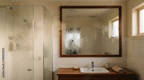 Modern bathroom interior with foggy mirror and shower area