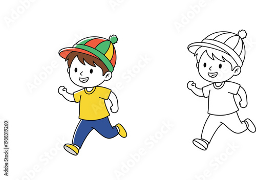 Happy Little Boy Running and Playing, Cartoon Character Illustration with Black and White Coloring Page Version for Kids, Active Childhood and Healthy Lifestyle Concept Vector