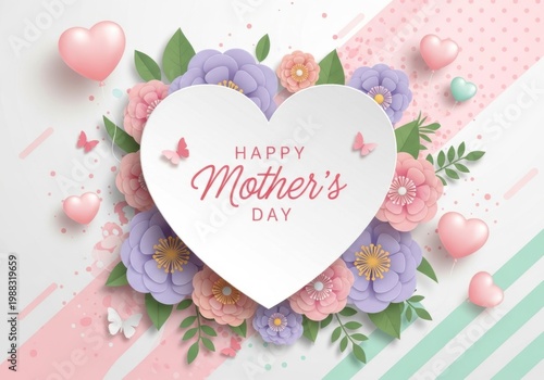 Beautiful Mother's Day Heart Card with Flowers and Pink Pastel Elements for Celebrations