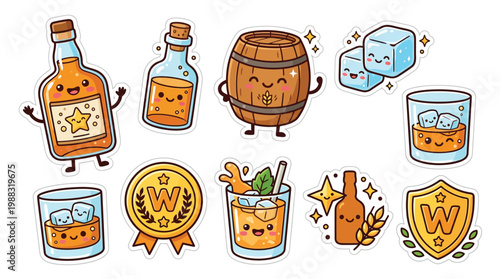 Collection of cute kawaii-style whiskey-themed illustrations featuring bottles, glasses, ice cubes, a barrel, and awards.