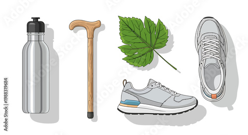 Collection of everyday objects a water bottle, walking cane, green leaf, and athletic shoe