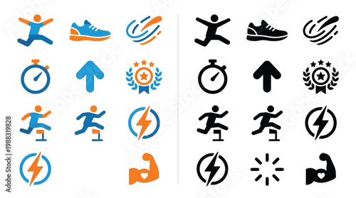 Collection of colorful and monochrome icons representing fitness, sports, and athletic activities, including running figures, shoes, stopwatches, and lightning bolts.