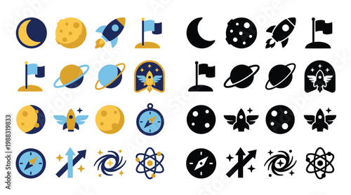 A collection of colorful and black and white icons representing space exploration, celestial bodies, and scientific concepts.