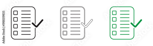 Vector set of checklist document with check mark icons in black white and green illustration