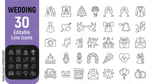 wedding editable line icons set flat design vector illustration