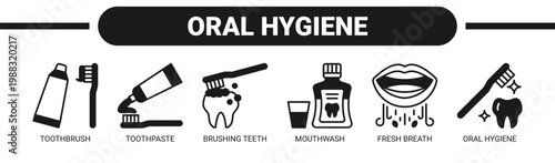 Oral Hygiene web banner icon vector illustration concept with icons of toothbrush, toothpaste, brushing teeth, mouthwash, fresh breath, and oral hygiene. 