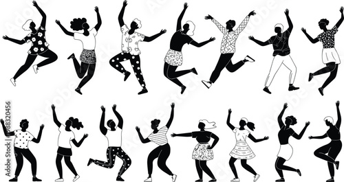 Set of diverse happy people jumping and dancing in stylish patterned clothing black and white doodle silhouettes for youth lifestyle celebration and success projects.