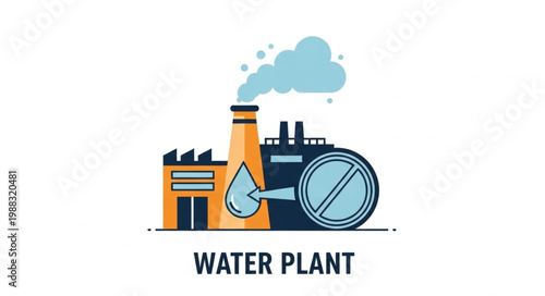 Water treatment plant industrial facility with smoke and water drop.