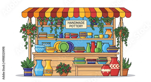 Handmade Pottery Stall Displaying Various Ceramic Items.