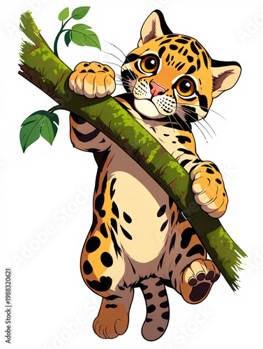 Cute Kawaii Style Clouded Leopard Kitten Climbing Branch Wildlife Vector Illustration