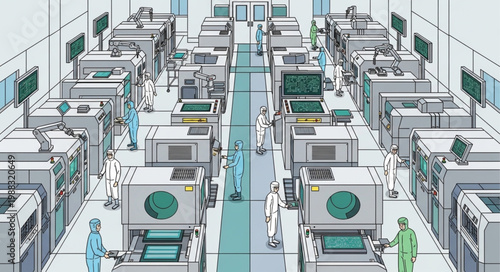 Modern Data Center with Rows of Servers and Technicians.