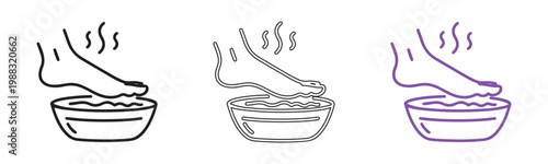 Vector set of foot bath and soaking feet icons in black grey and purple illustration