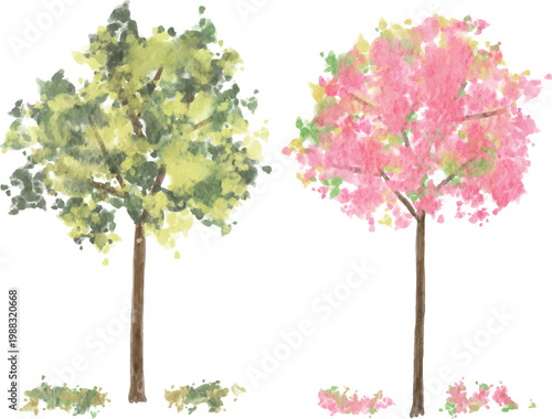 watercolor tree summer spring fall leaves soft green pink simple digital hand painted illustration
