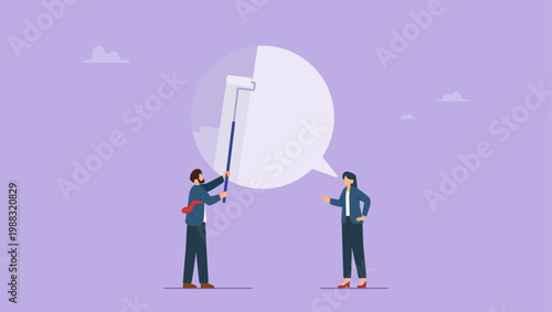 Businessman erased speech bubble of businesswoman. Censored, freedom of speech concept.