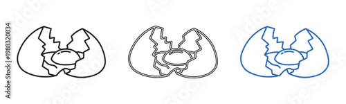 Vector set of broken egg shell icons in black grey and blue illustration