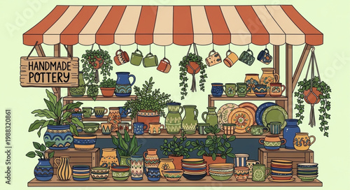 Handmade Pottery Stall Displaying Various Ceramic Items.