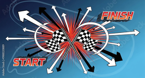 Start and Finish Line with Racing Flags and Arrows.