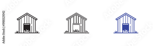 Vector set of chicken coop and hen house icons in black grey and blue illustration