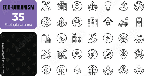 eco urbanism icon set with 35 ecological elements vector illustration