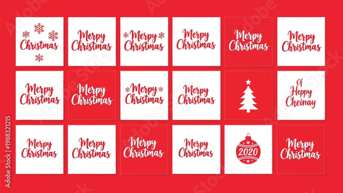 Assorted holiday-themed gift boxes and decorative items arranged on a red background Vector