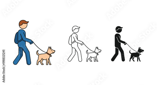 Dog owners walking their pets in different illustration styles and colors