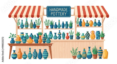 Handmade Pottery Stall Displaying Various Ceramic Vases and Pots.