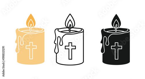 Candle icon set with cross symbol in different colors and styles