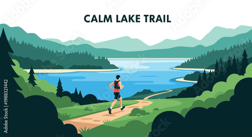 Runner Enjoying The Peaceful Scenery Of Trails Near The Calm Lake In Scenic Mountains