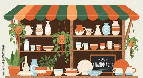 Handmade pottery stall with plants and colorful awning.